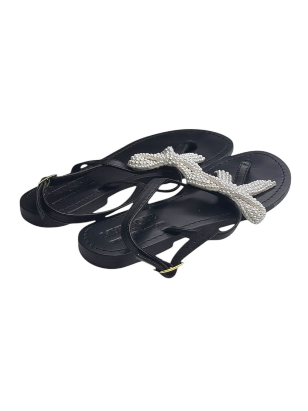 Mystique x Stephanie Gottlieb 𞠬 Liza Pearl Bow Flat Sandals 𞠬 Black Leather 𞠬 - Picture 4 of 16